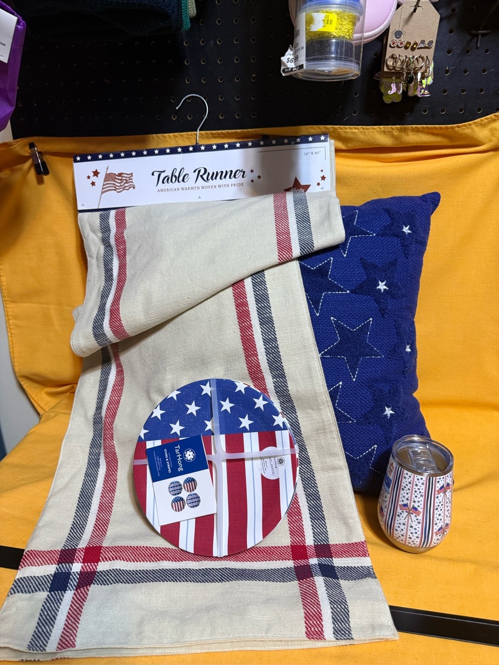 Patriotic 4pc set Table Runner, pillow, plate set and cup w/lid NWT